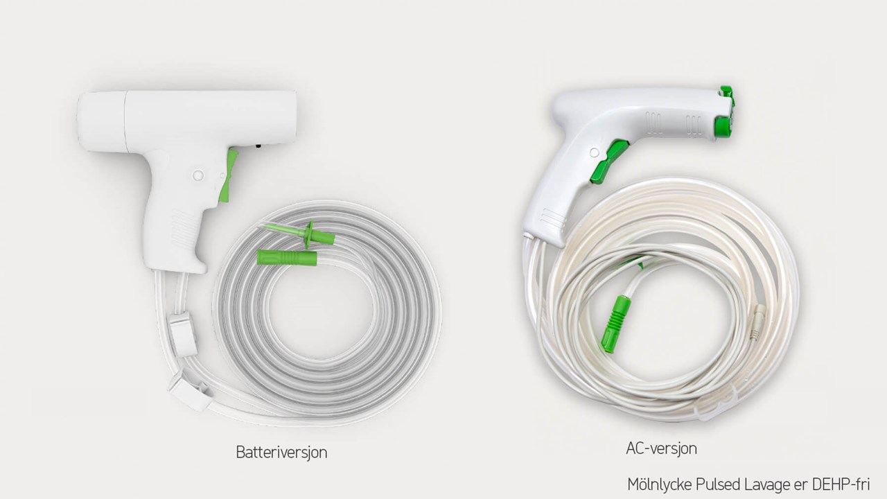 Mölnlycke Pulsed Lavage System med to hastigheter fås i strømdrevet og batteridrevet utgave